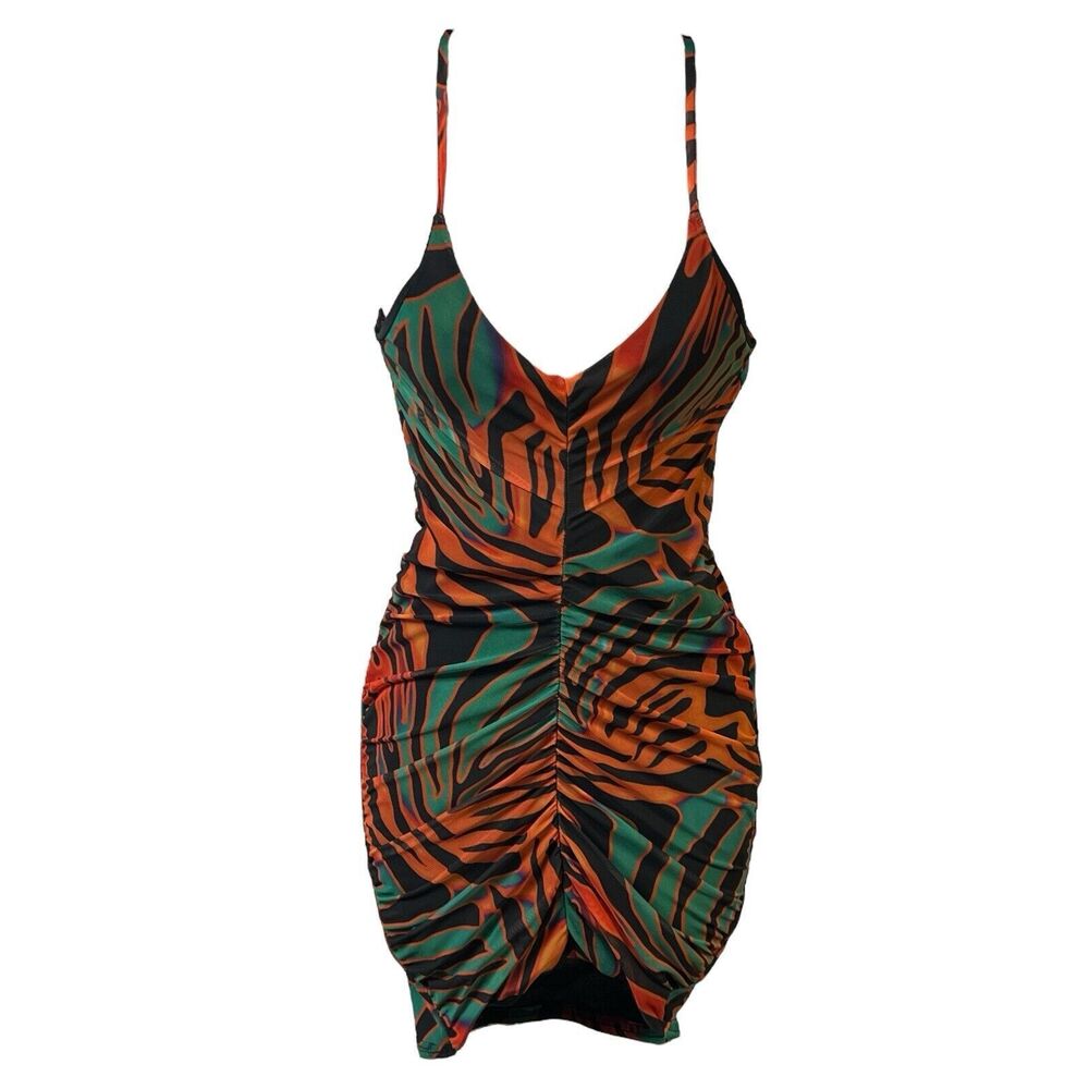 PrettyLittleThing Dress Multicolor Zebra Print Bodycon Ruched Sexy Night Out 4